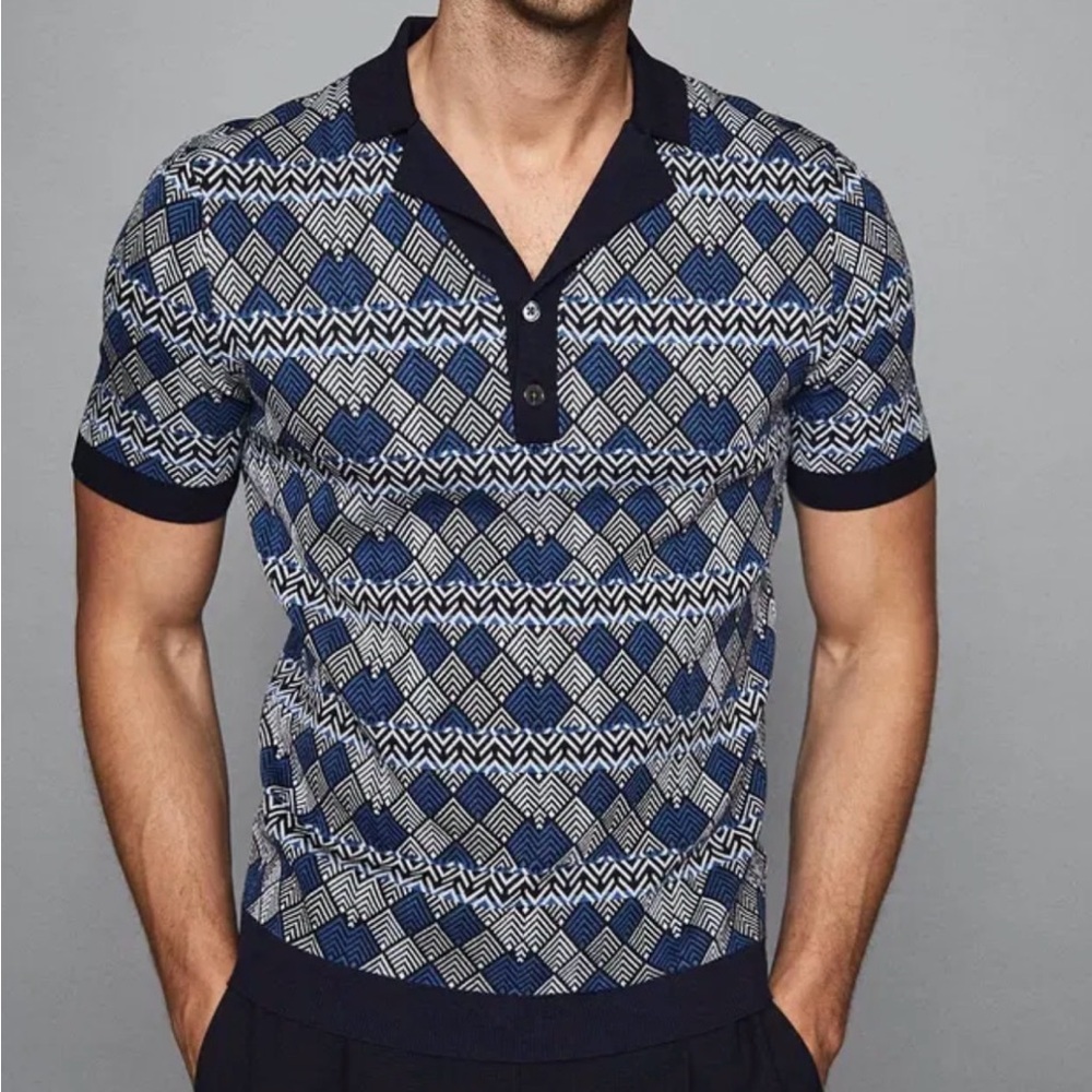 Reiss Navy and White Geometric cuban Collar Polo Size Small